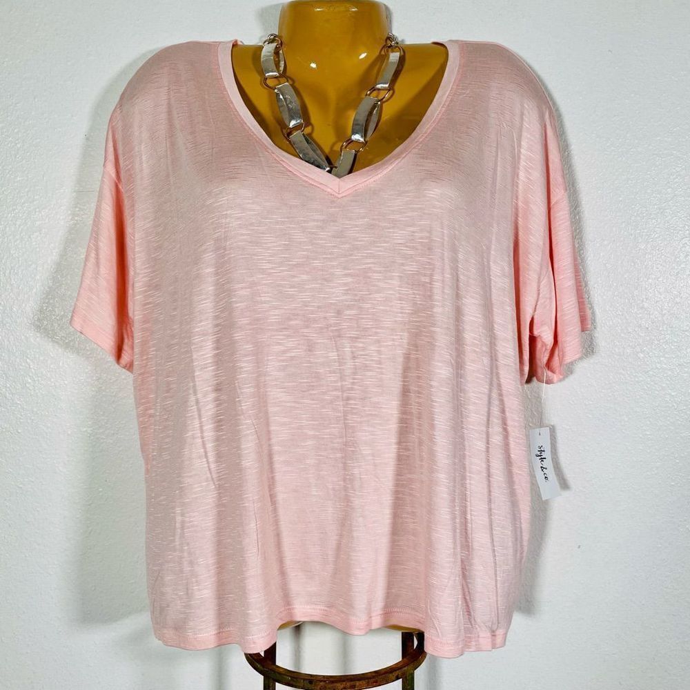 NWT Style & Co Sz L & XL Style & Co Pink Sleekly Drapey V-Neck T-Shirt Top - Picture 1 of 10